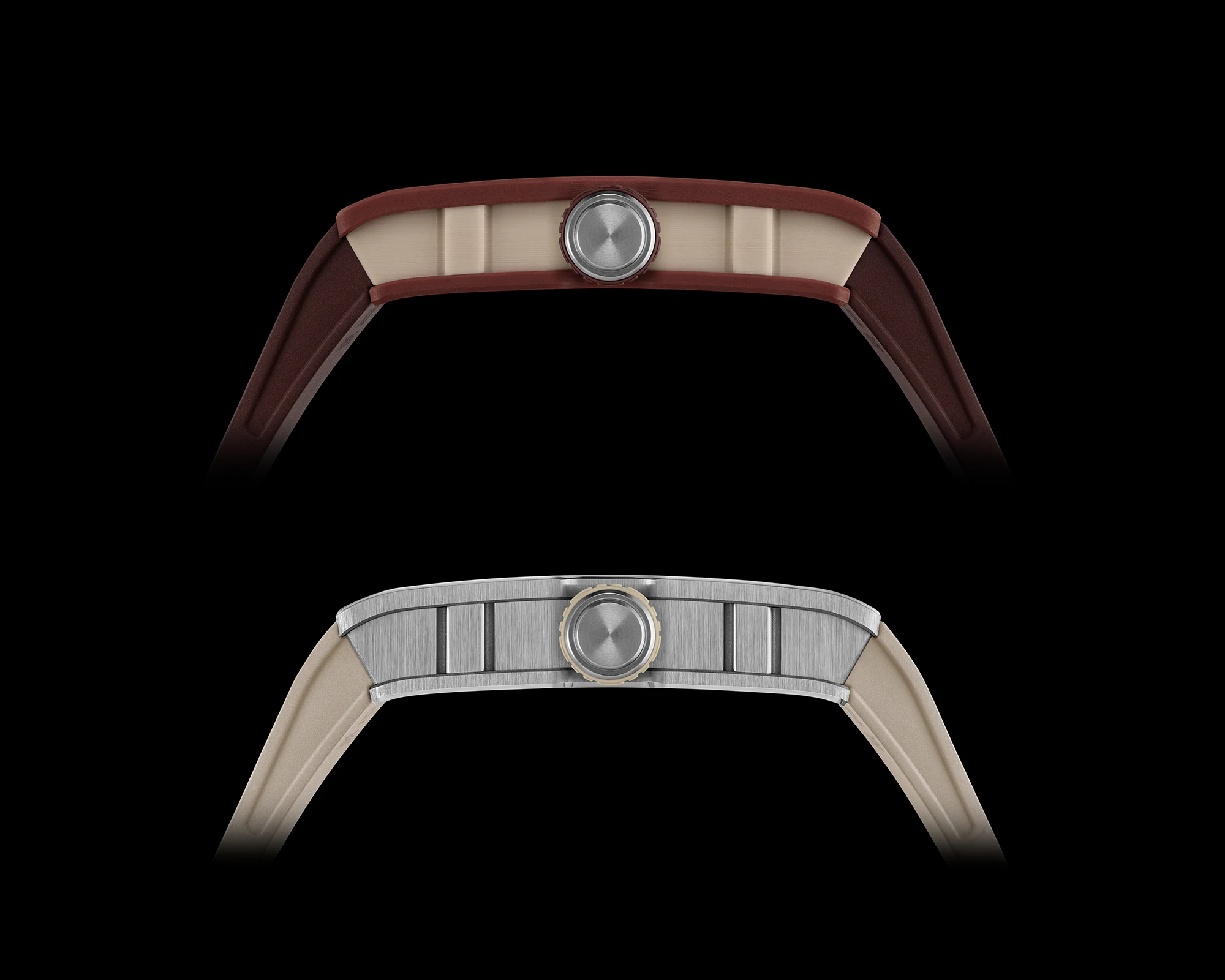 Richard Mille RM 16-02 Extra Flat case back and crown detail with brown and silver rubber straps - UMI Factory Replica