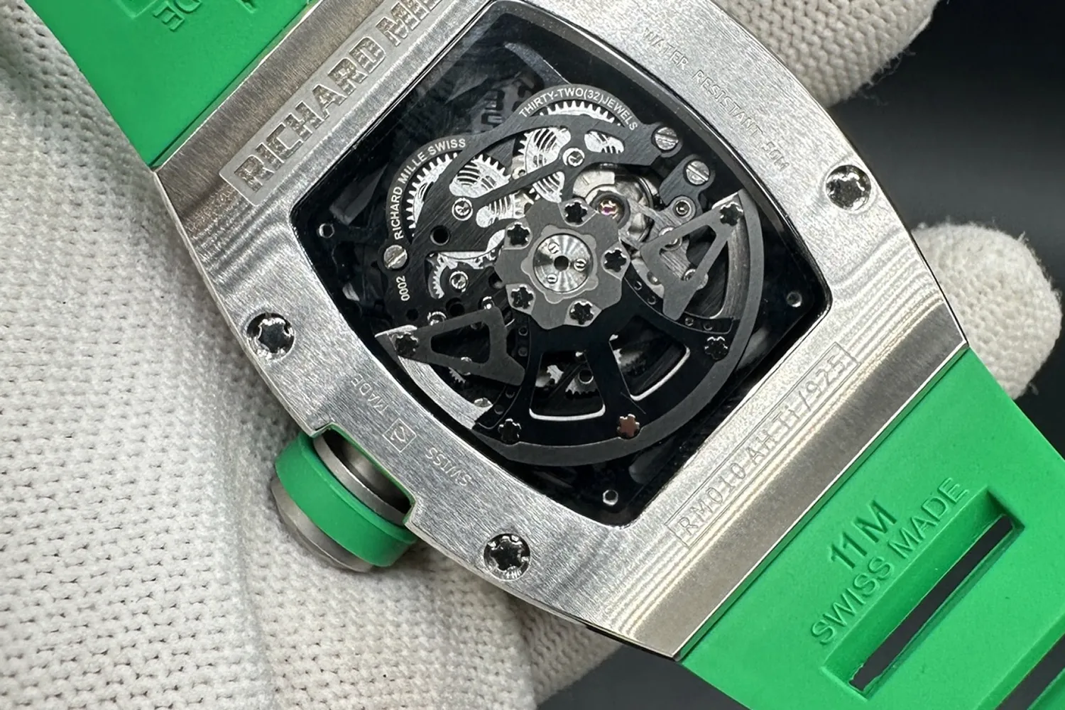 Close-up view of Richard Mille RM010 full skeleton movement