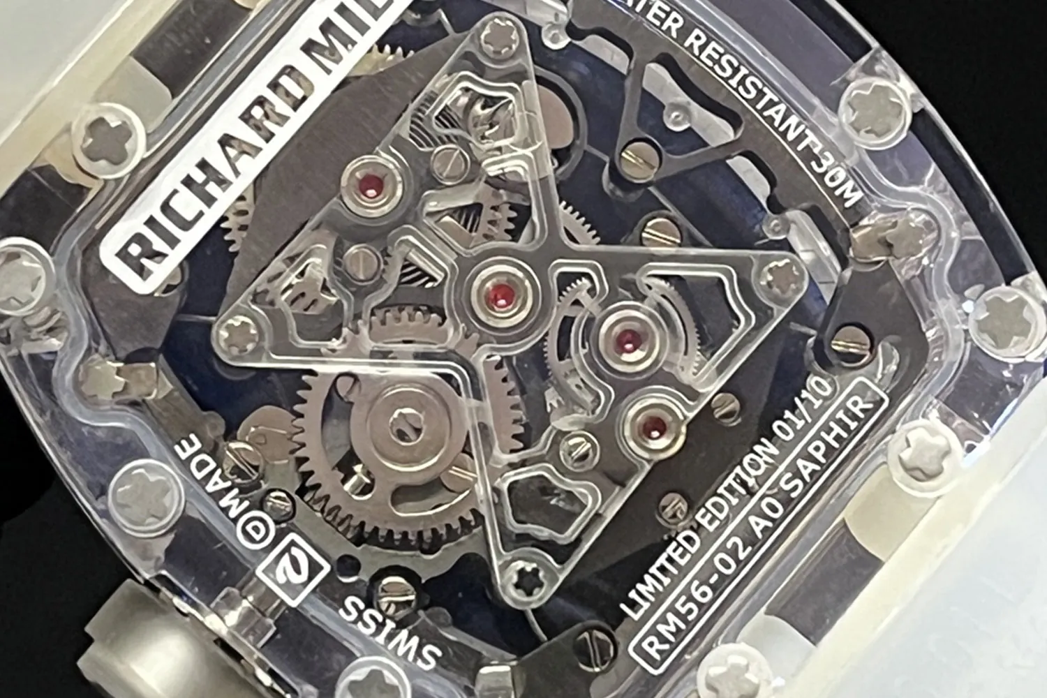 सुपर क्लोन रिचर्ड मिल RM 56-02 पूर्ण सैफायर टूरबिलियन मूवमेंट क्लोज़-अप