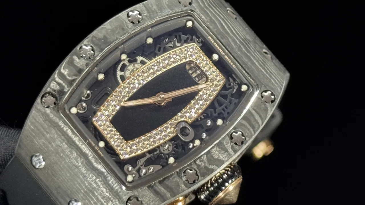 Richard Mille RM 037 Super Clone with diamond pavé tonneau bridge on skeleton dial and carbon fiber case