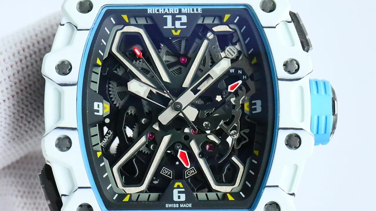 Replica Richard Mille RM 35-03 white carbon fiber with perfectly replicated skeleton dial