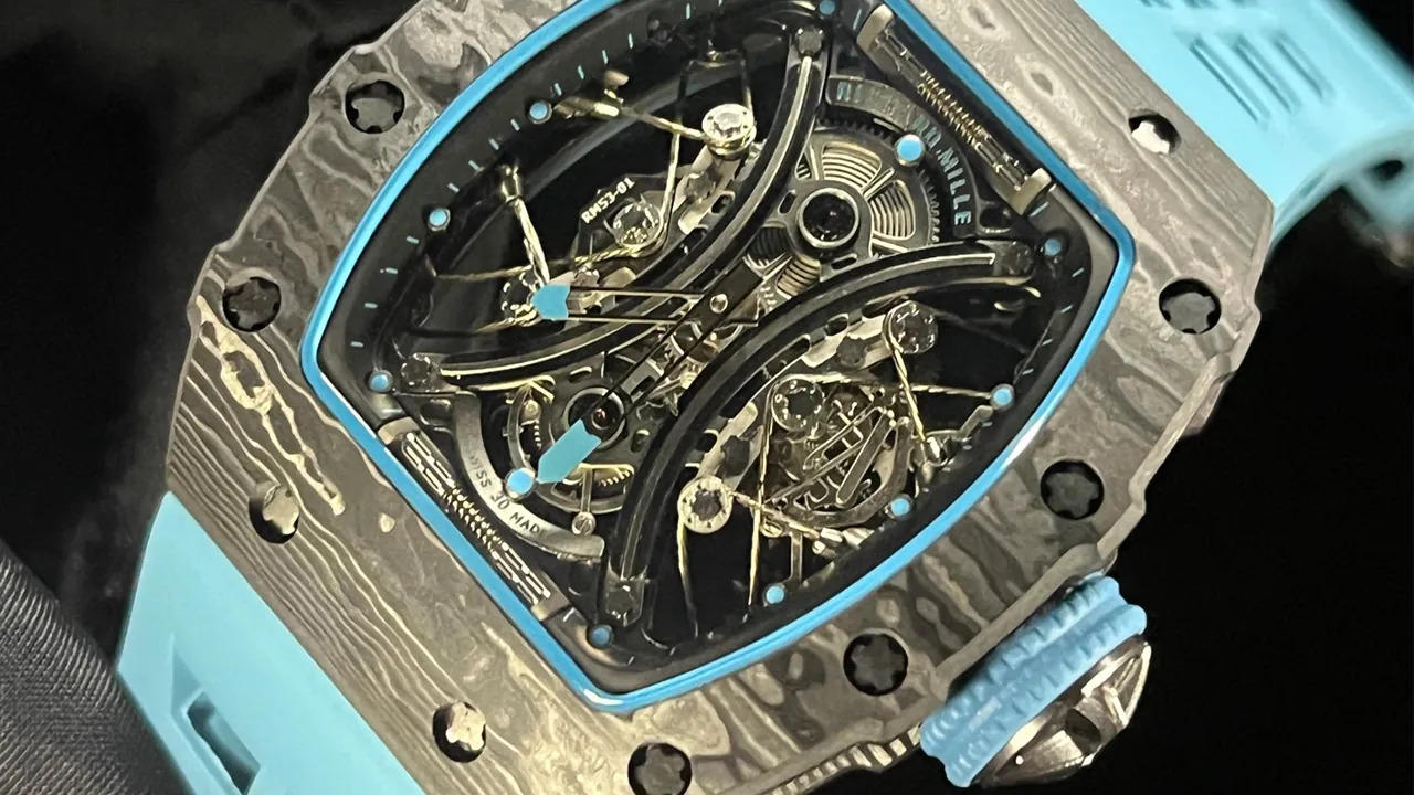 Richard Mille RM 53-01 Tourbillon Super Clone Replica with Skeleton Dial True Tourbillon TPT Carbon Fiber Case and Blue Rubber Strap