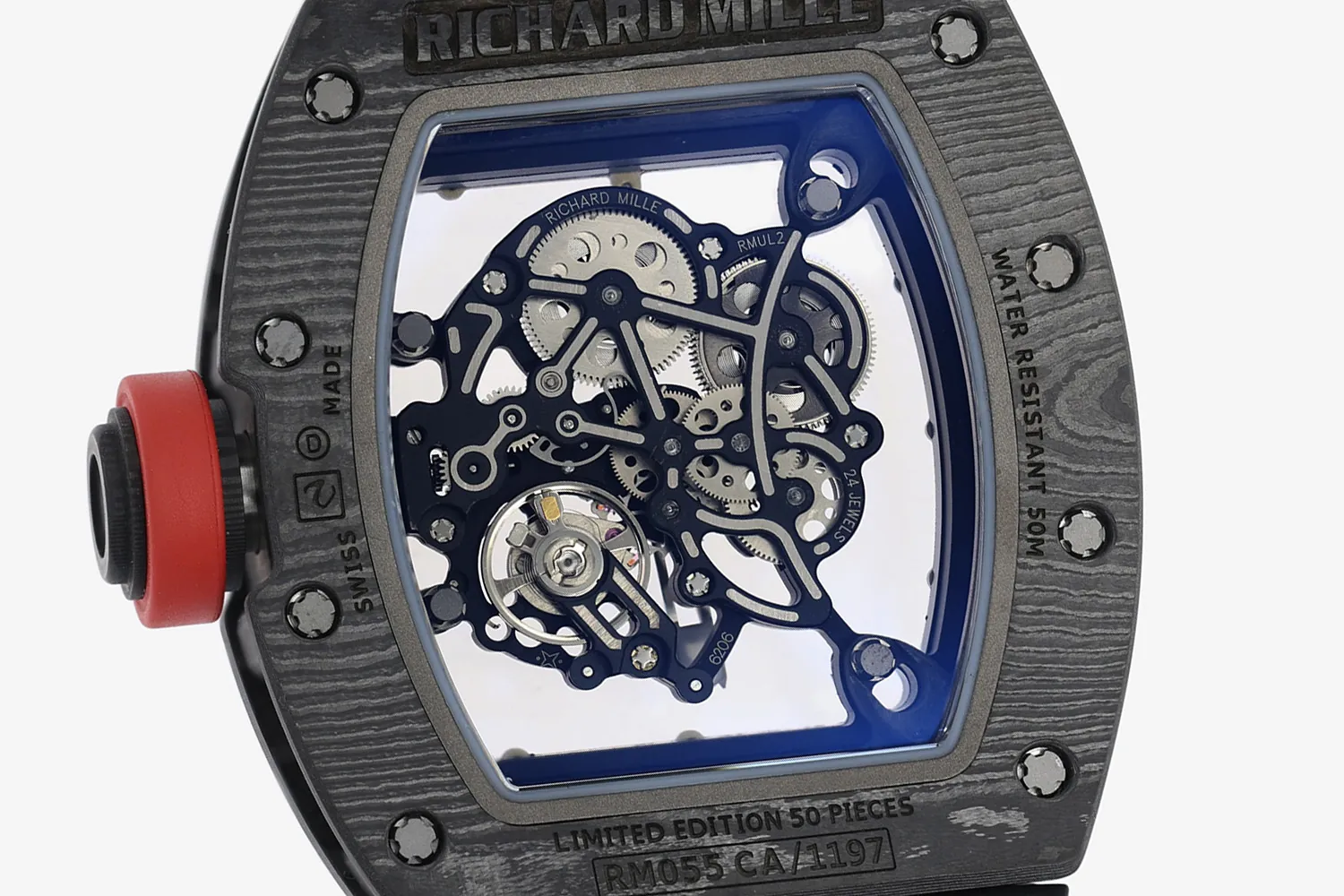 ZF Factory Richard Mille RM055 NTPT V3 close-up showing the skeleton RMUL2 movement with visible gears and blue accents