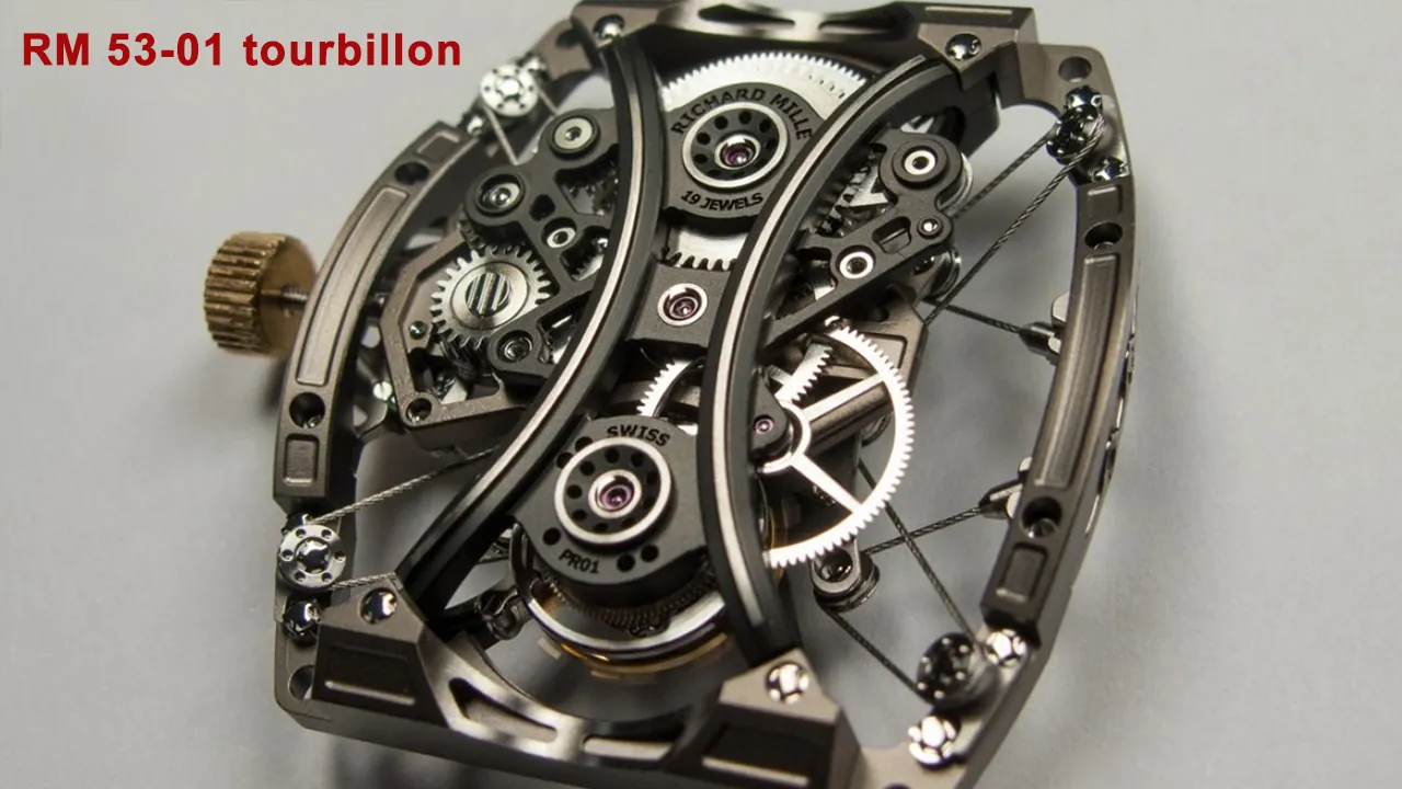 Close-up of RM 53-01 replica Tourbillon movement with suspended cable system