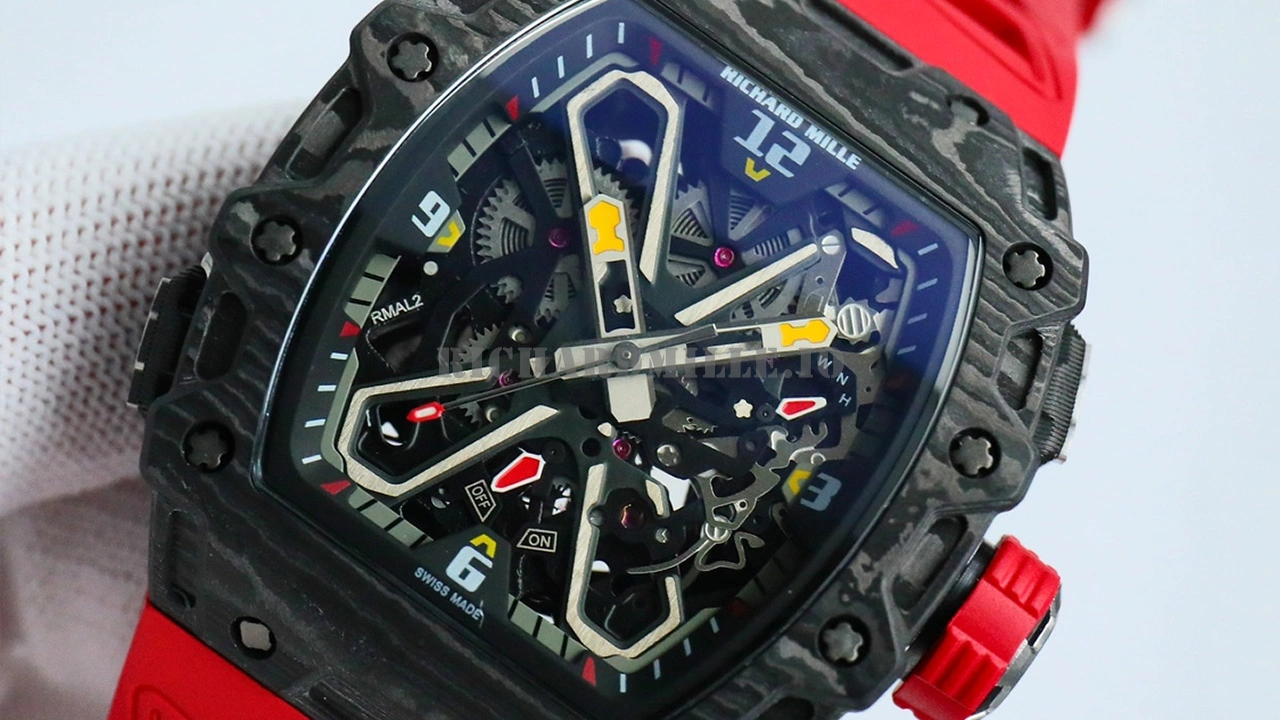 Richard Mille RM 35-03 Rafael Nadal Super Clone with black carbon fiber case, colorful dial details, and red rubber strap.