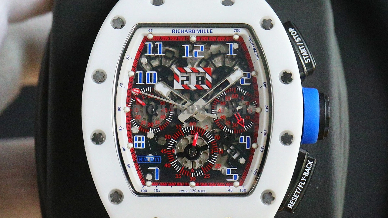 Richard Mille RM 011 White Ceramic Super Clone Replica - Excellent Case Finish Red Blue Skeleton Dial