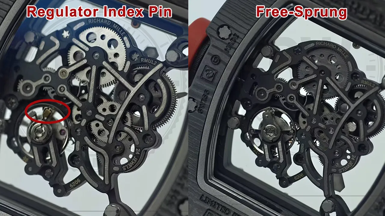 Comparison of traditional regulator index vs Vaucher Free-Sprung balance wheel on RM055 replica
