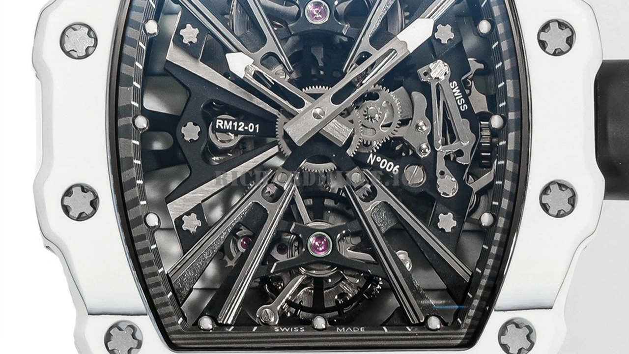 Richard Mille RM 12-01 Tourbillon Super Clone - detailed skeleton dial view showcasing the true tourbillon