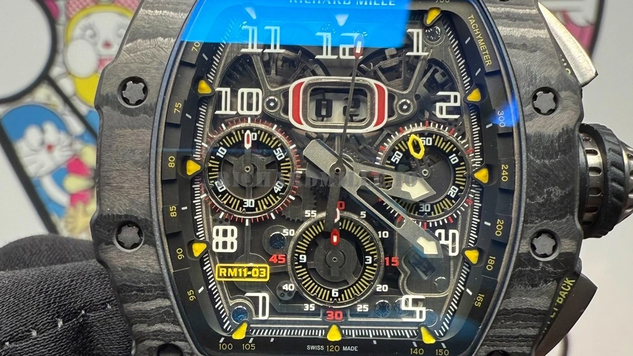 skeletonized dial of the Richard Mille RM 11-03 Black Carbon Super Clone 7750 automatic chronograph movement