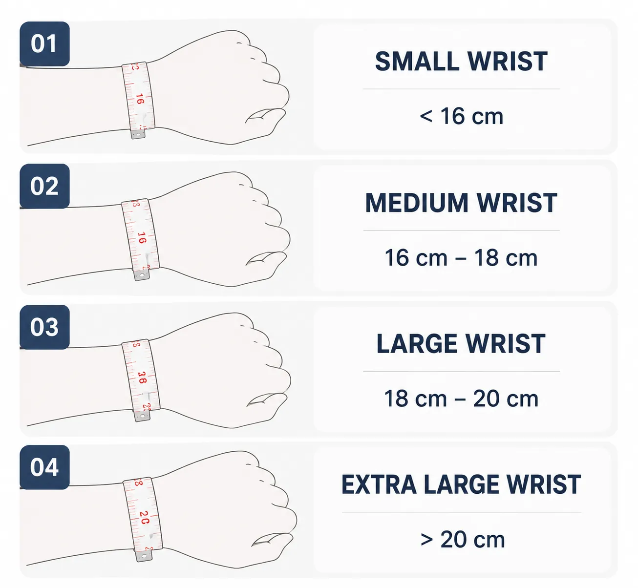 Use this wrist size guide to find your fit: Small (<16cm), Medium (16-18cm), Large (18-20cm), Extra Large (>20cm). Match your measurement to the right watch case size for comfort and style.