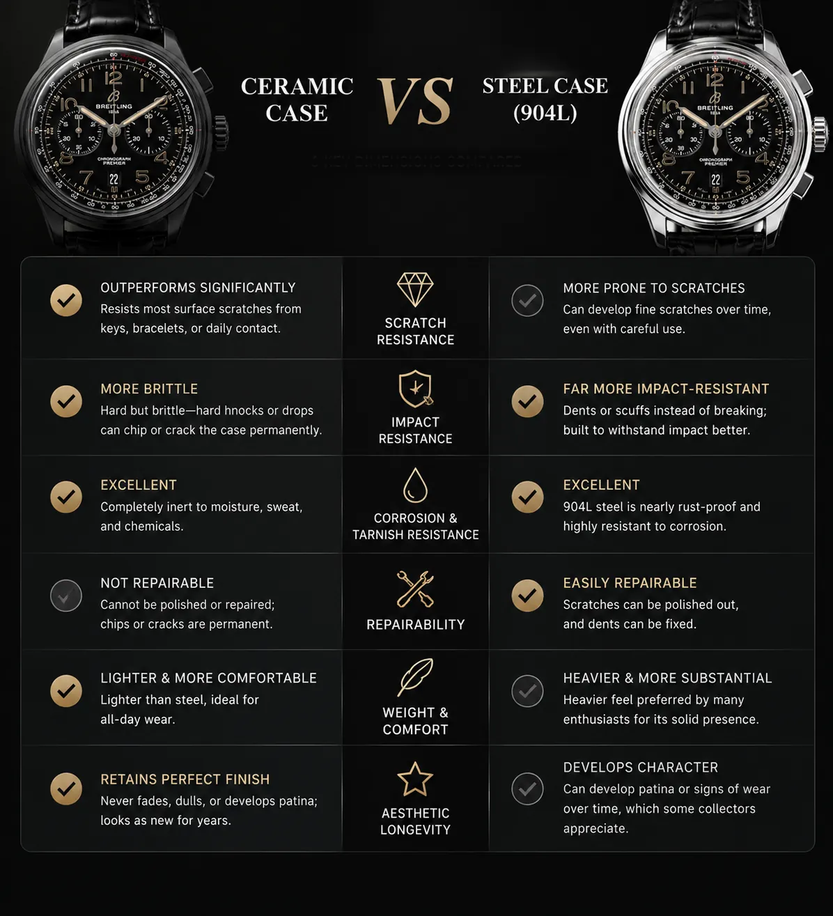 Ceramic vs 904L steel watch cases: which is better for you? Ceramic offers superior scratch resistance and light weight but is brittle, while 904L steel is impact-resistant, repairable, and develops unique patina over time.
