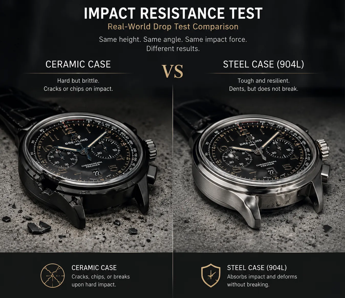 Ceramic vs 904L steel watch cases: the key difference in impact resistance. Ceramic cases are hard but brittle, cracking on impact, while 904L steel absorbs force, deforming without breaking, making it more durable for everyday wear.