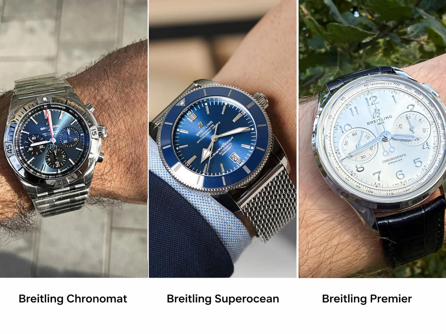 Explore three iconic Breitling replica collections: the sporty Chronomat, the dive-ready Superocean, and the elegant Premier, each crafted with authentic details and premium finishes.