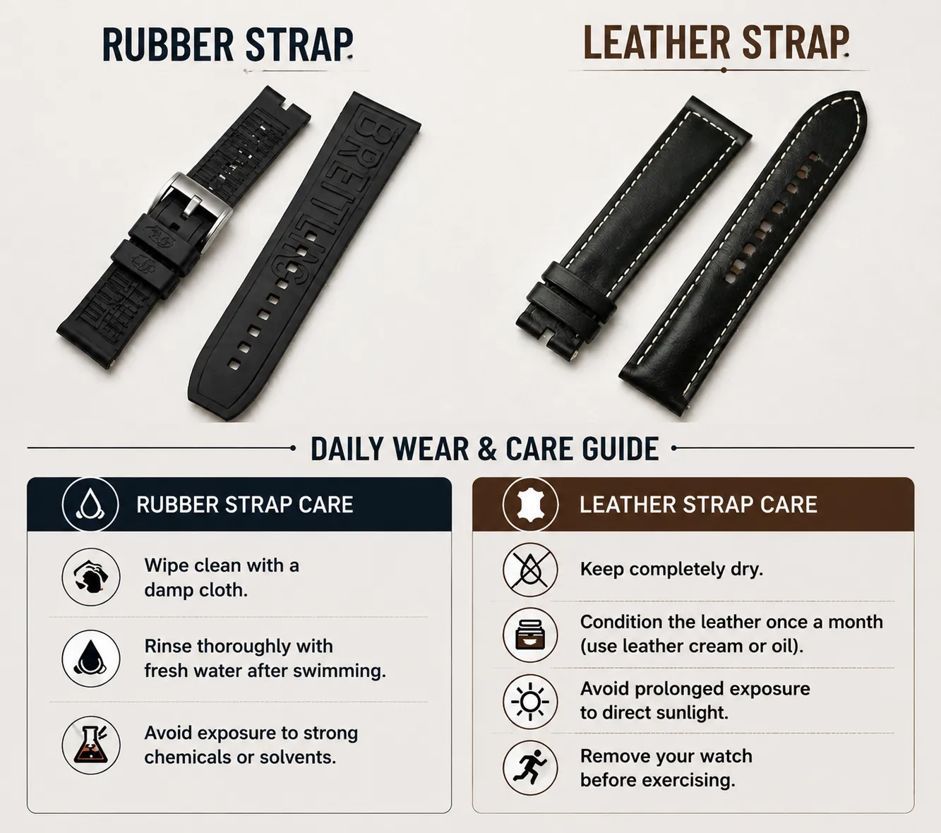 Breitling strap care guide: Keep your rubber and leather straps looking new with simple maintenance tips&mdash;cleaning, conditioning, and proper storage for everyday wear.
