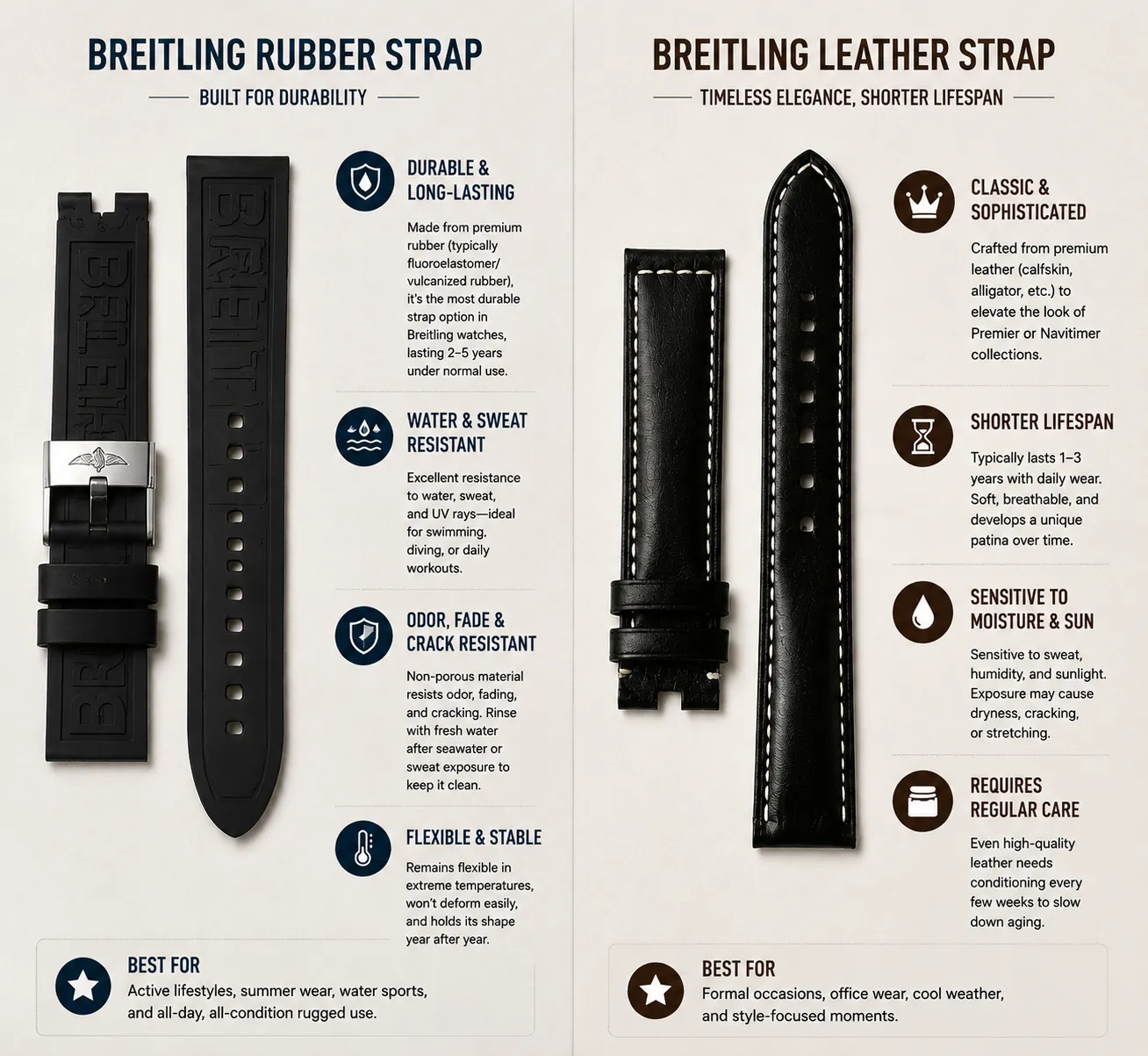 Compare Breitling rubber and leather straps: rubber offers durability, water resistance, and flexibility for active use, while leather brings timeless elegance for formal occasions.