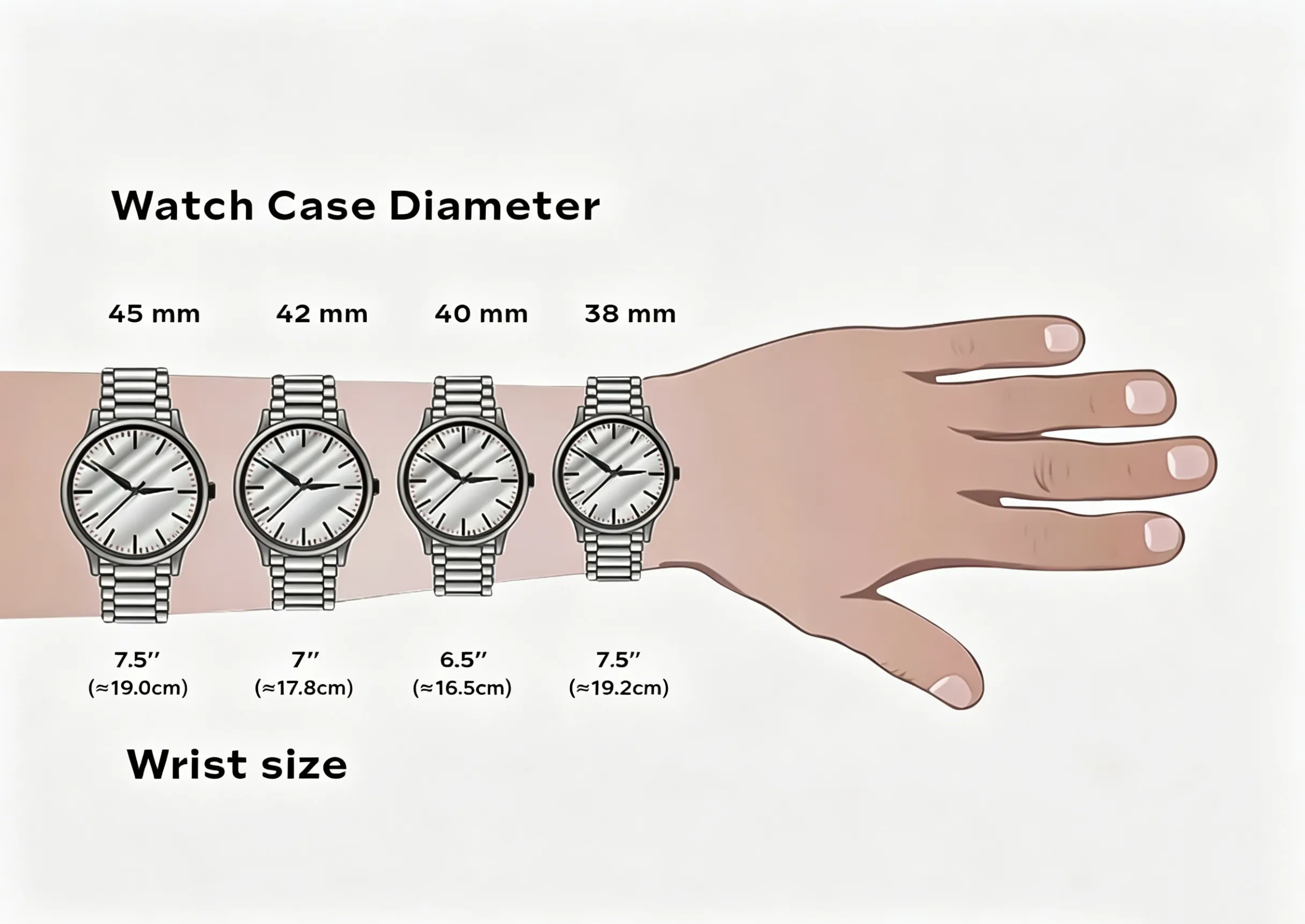 Wrist fit reference chart displaying 38mm,40mm,42mm,45mm watch case diameters paired with matching wrist circumference, helping buyers pick proper watch size based on their wrist measurement.