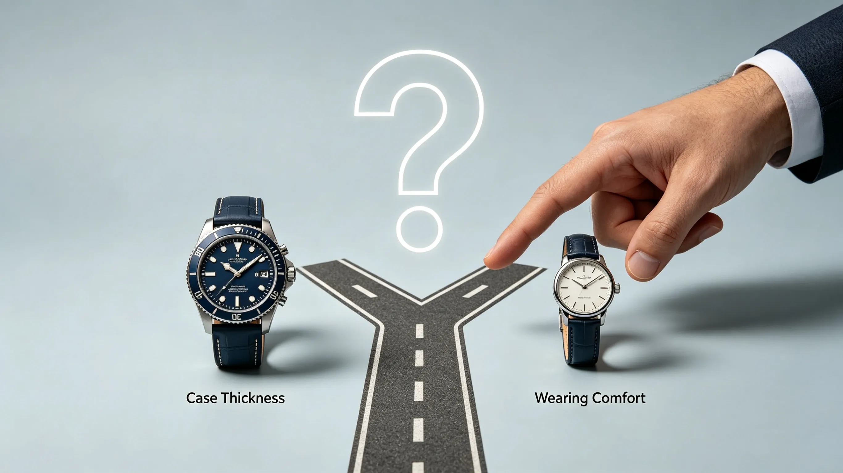 Concept graphic showing core purchase dilemma between bulky dive watch focused on case thickness and slim dress watch prioritizing daily wearing comfort, guiding customers to select based on personal demand.