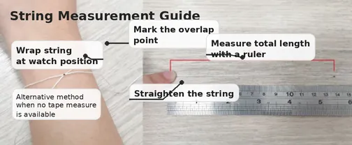 Alternative wrist sizing tutorial using regular string when no tailor tape available: wrap string around wrist, mark overlap spot, straighten and measure length with standard ruler for accurate watch band dimension.
