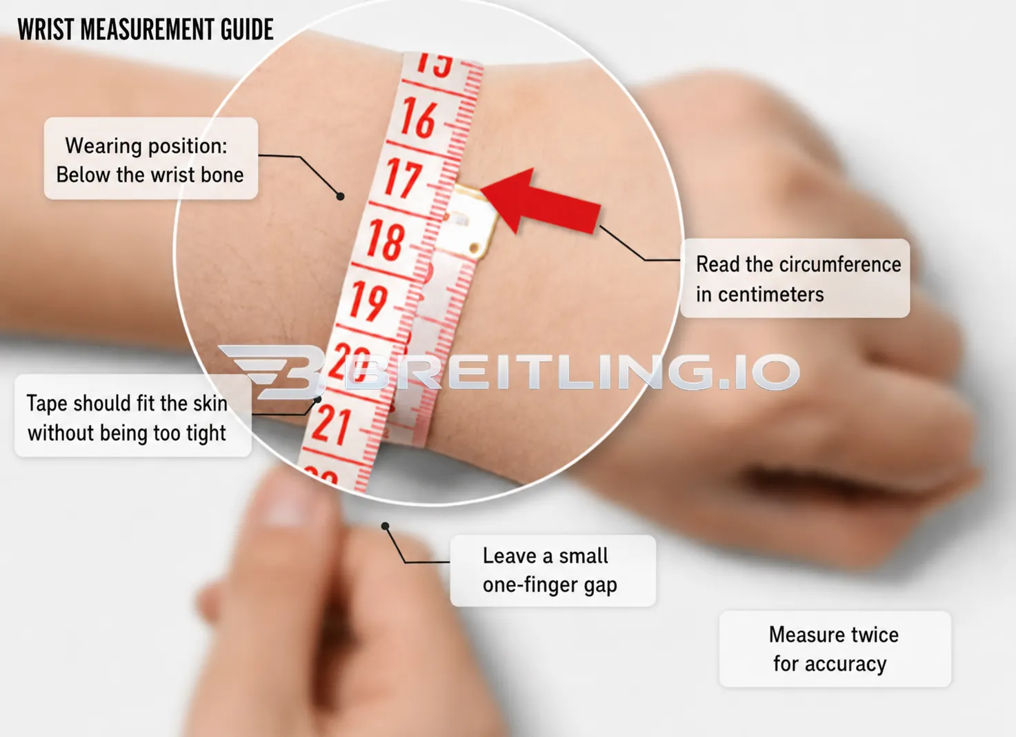 Official wrist measurement tutorial to get accurate watch band size: measure below wrist bone with soft tape, keep snug not tight, reserve one-finger space and double-check readings.