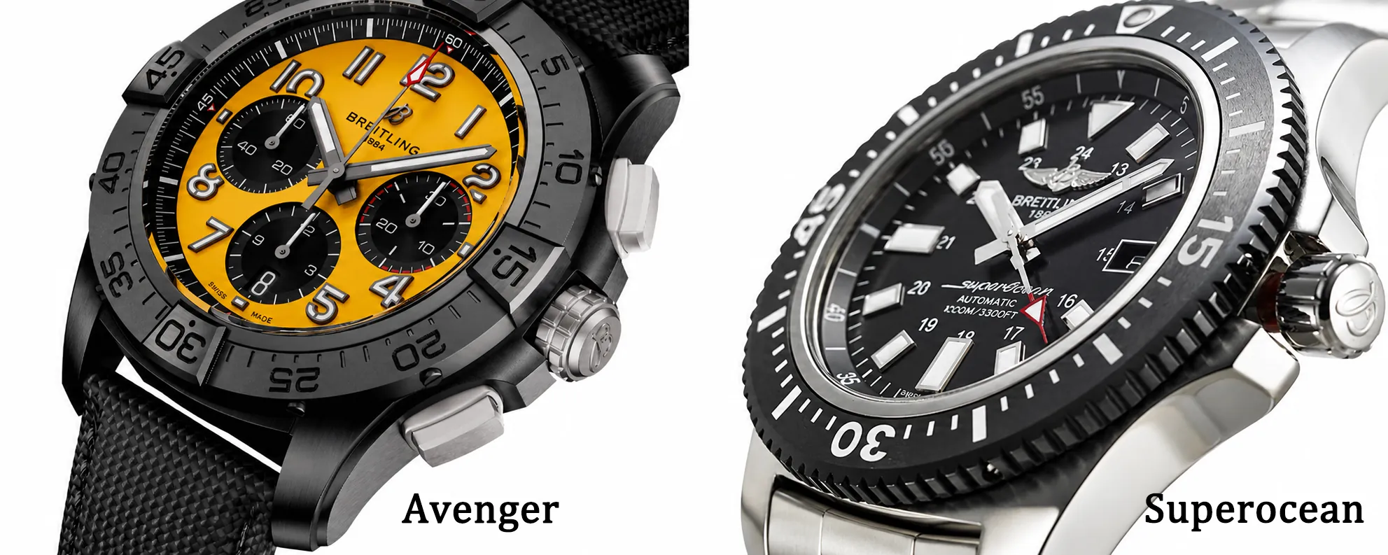 Breitling Avenger and Superocean replica comparison: contrasting build materials, finishing, and strap options. The Avenger uses heavy-duty materials for rugged outdoor use, while the Superocean features premium metal and scratch-resistant crystal for dive-ready durability.