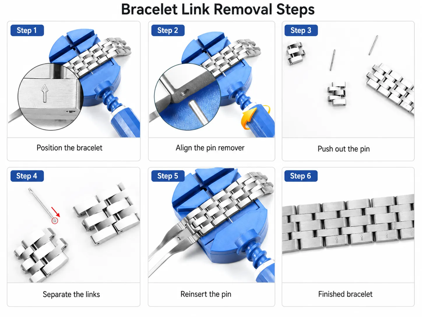 Step-by-step illustrated guide to watch bracelet link removal. Always check the directional arrows on the inner side of watch links, push out pins slowly with a professional link remover along the marked direction, detach extra links, then reinstall the pin reversely to secure the bracelet, ensuring balanced wearing comfort and avoiding loose pins or surface scratches.