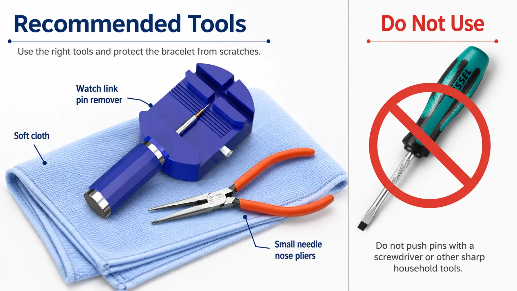 Essential tool preparation guide for watch bracelet link removal. Always use professional watch link pin remover, needle nose pliers and a protective soft cloth to prevent scratches to polished watch cases and bracelets. Never use household screwdrivers or other sharp makeshift tools, which may bend pins, leave permanent surface marks and damage integrated watch links.