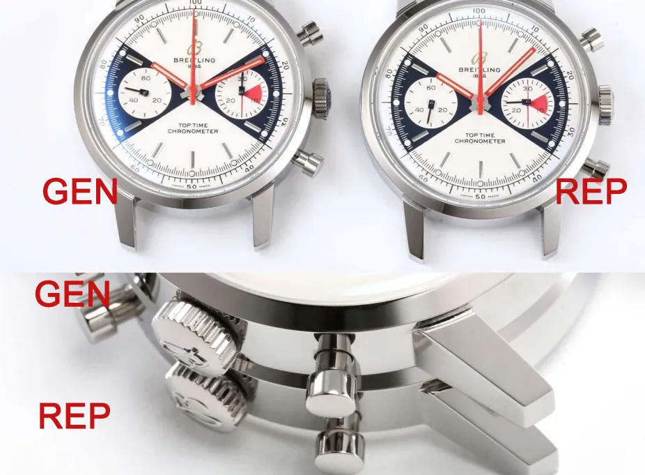 Seitenvergleich zwischen echtem und repliziertem Breitling Top Time mit Fokus auf die Zifferblattverarbeitung. Authentische Modelle verfügen über präzisen, proprietären Tampondruck und erhabene, solide Metallflügel-Logos. Premium-Superklon-Repliken replizieren exakte Schriftgrößen, skalieren die Linienstärken und 3D-Metallembleme gemäß den Fabrikblaupausen und vermeiden verschwommenen Text und flach gedruckte Logos, die bei billigen Low-End-Kopien zu sehen sind.