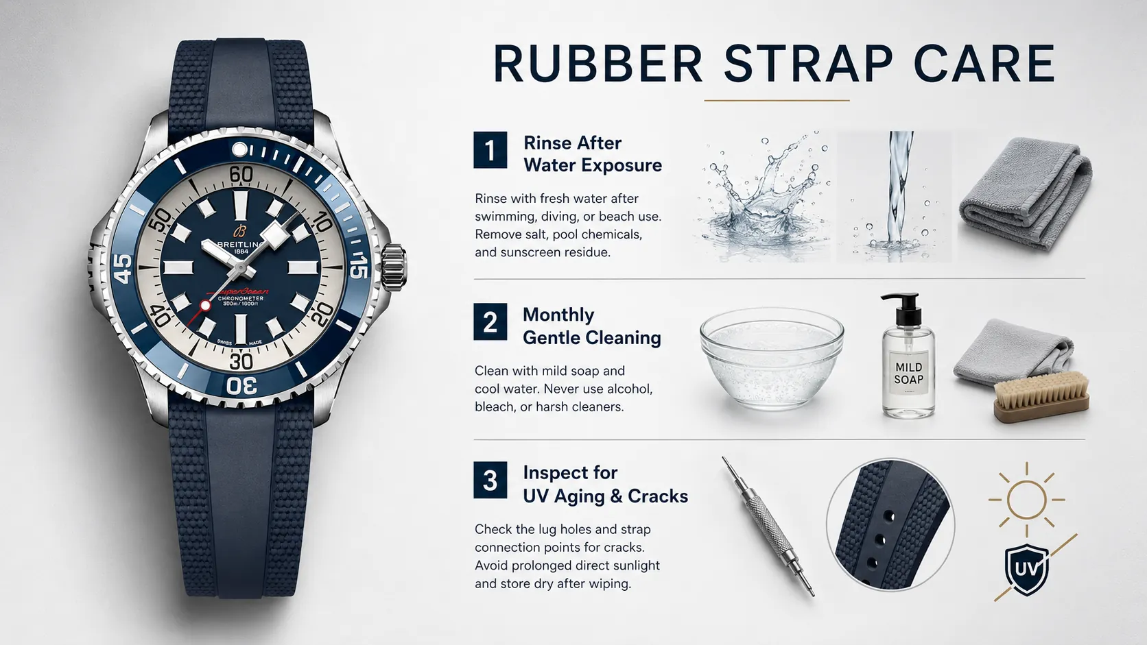 Praktischer Wartungsleitfaden für Gummiarmbänder von Breitling Superocean Taucher-Replik-Uhren. Ideal für Tauchen und Sommersport, benötigen Gummiarmbänder gezielte Pflege, um die UV-Zersetzung zu verlangsamen: frisches Wasser nach dem Strand-/Poolgebrauch abspülen, monatliche sanfte Reinigung nur mit mildem Seife (Alkohol/Bleichmittel vermeiden), regelmäßig die Bandansätze auf Risse überprüfen und von längerer direkter Sonneneinstrahlung fernhalten, um die Lebensdauer des Armbands zu verlängern.
