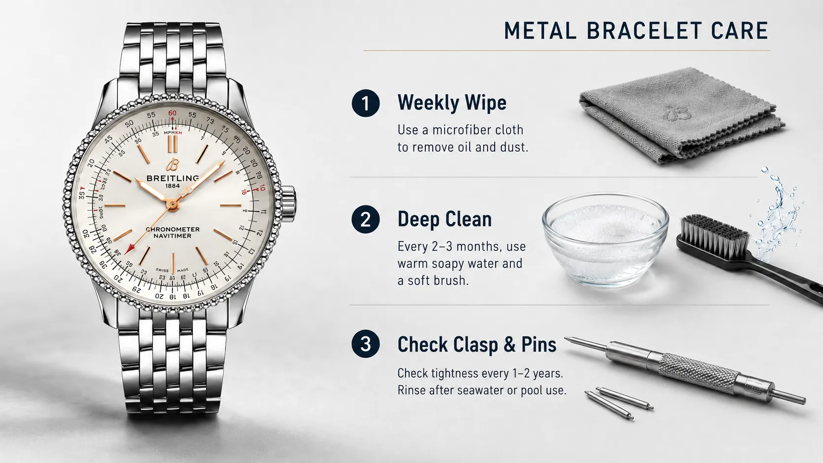 Offizieller Wartungsleitfaden für Metallarmbänder von Breitling Navitimer Replik-Uhren. Winzige Gliedlücken halten Schweiß, Staub und Hautpflege-Rückstände fest, die polierte Oberflächen stumpf machen. Befolgen Sie drei einfache Schritte: wöchentliches Abwischen mit Mikrofasertuch für Oberflächenschmutz, vierteljährliche Tiefenreinigung mit warmem Seifenwasser und weicher Bürste, biennale Inspektion der Verschluss-/Stiftfestigkeit. Nach Kontakt mit Salzwasser oder Pool sofort abspülen, um Korrosion der Beschichtung und Verfärbung zu verhindern.
