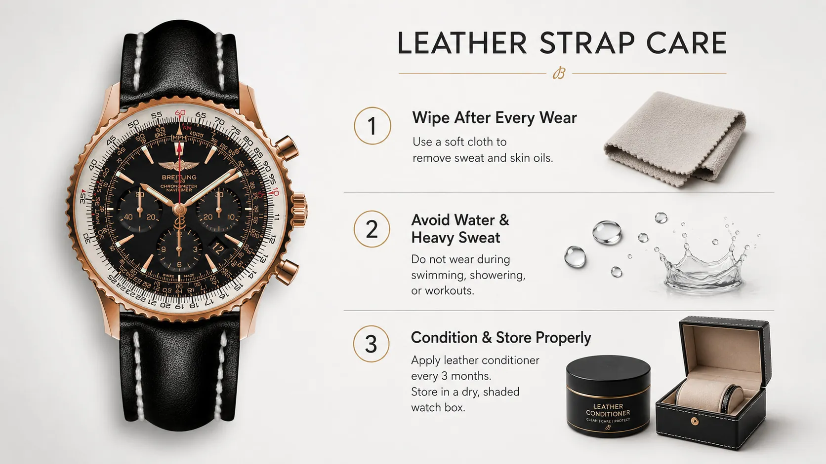 Vollständiger Pflegeleitfaden für Lederarmbänder von roségoldenen Breitling Navitimer-Replik-Uhren. Lederbänder erfordern regelmäßige Pflege, um die elegante Vintage-Textur zu erhalten: Schweiß und Öle nach jedem Tragen abwischen, von Wasser und starker Schweißbildung fernhalten, alle 3 Monate Lederpflegemittel auftragen und in einer kühlen, trockenen Uhrenbox aufbewahren, um Risse, Verfärbungen und Sonnenbleichung zu verhindern. Wechseln Sie zwischen mehreren Lederarmbändern, um die Lebensdauer zu verlängern.