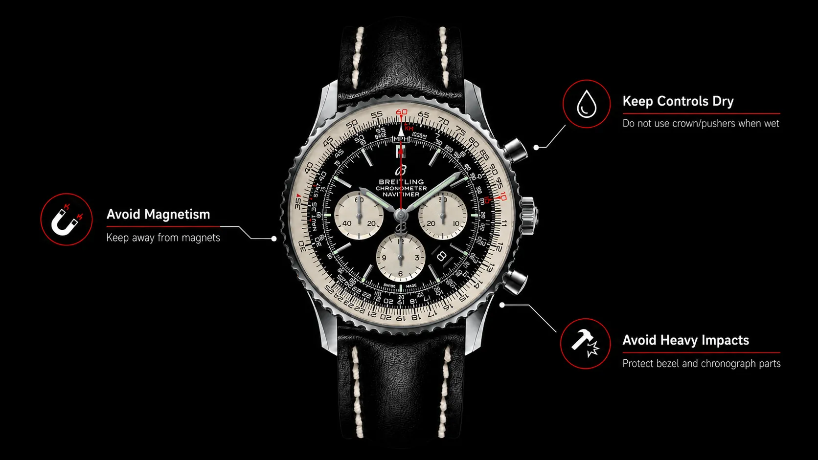 Breitling Navitimer Replica täglicher Wartungsleitfaden. Ausgestattet mit komplexem Chronographen und Rechenschieber-Lünette erfordert diese Uhr sorgfältige tägliche Nutzung: Vermeiden Sie es, die Krone/Drücker bei Nässe zu verstellen, um das Eindringen von Wasserdampf zu stoppen; fernhalten von Magneten, um unregelmäßige Zeitmessungen zu verhindern; schwere Stöße vermeiden, um empfindliche Unterzifferblätter, Rechenschiebermarkierungen und Chronographenhebel vor dauerhaften Schäden zu schützen.
