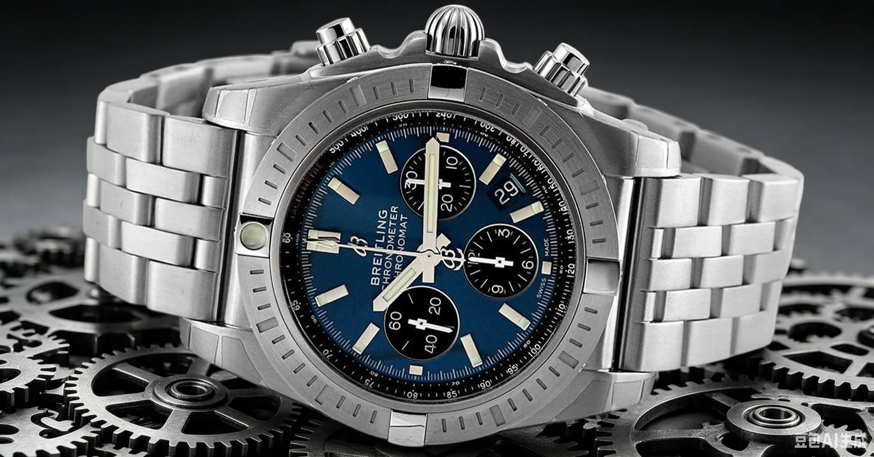 Detaillierte Studioaufnahme des Breitling Chronomat-Replikat-Chronographen, der auf einem metallischen Zahnrad-Hintergrund sitzt. Dieses vielseitige Dress-Sport-Zeitmessgerät ist ideal für Erstsammler, die Büroformelle Kleidung und lässige Wochenendausflüge ausbalancieren. Mit ikonischer Rider-Tab-Lünette, schlankem 42 mm Gehäuse, ordentlich angeordnetem Unterzifferblatt-Layout und strapazierfähigem, integriertem Stahlarmband, das gegen tägliche Stöße und Schweißansammlungen resistent ist. Sein zeitloses Design vermeidet das überladene Zifferblatt der Pilot Navitimer-Modelle und dient als einzige Allzweck-Uhr, um separate Dress- und Sportstücke zu überspringen.