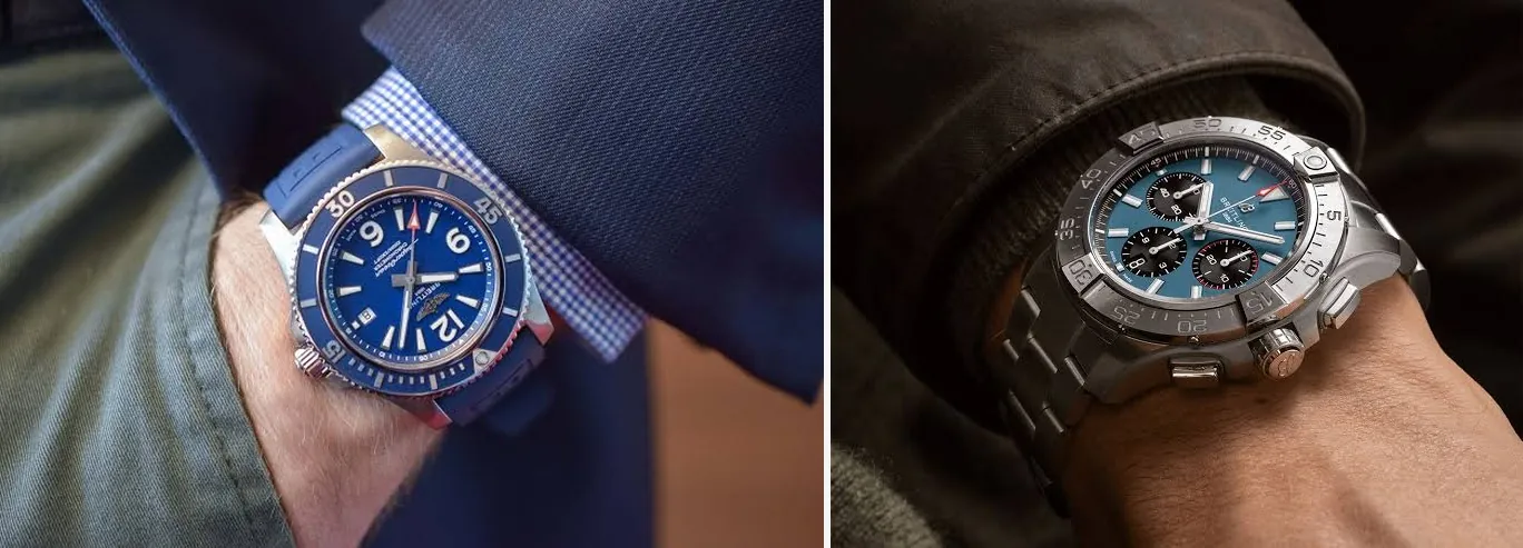 Seitenansicht von Handgelenken mit Lifestyle-Aufnahmen großer Breitling-Werkzeuguhr-Repliken: links 44 mm Superocean mit blauer Gummiarmband kombiniert mit einem Business-Anzug, rechts 45 mm Avenger-Chronograph auf Stahlarmband für lässige Outdoor-Bekleidung. Überdimensionierte 44–45 mm Gehäuse verfügen über verstärkte wasserdichte Dichtungen und verbesserte Stoßfestigkeit, die für Schwimmen, Wandern und Strandbesuche gebaut sind. Das erweiterte Zifferblattlayout bietet hohe Lesbarkeit bei Sonnenlicht, während die robusten Proportionen sicher am Handgelenk sitzen während aller aktiven Outdoor-Aktivitäten, ein kühnes, abenteuerliches Ästhetik, die bei kompakten Mid-Size-Modellen nicht verfügbar ist.