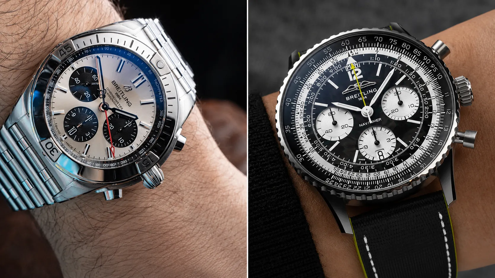 Vergleich der Handgelenke, der zwei geschäftsbereiten Breitling-Replik-Größen: links 42 mm Chronomat mit integriertem Stahlarmband, rechts 41 mm Navitimer mit Rechenschieber-Chronograph auf Canvas-Armband. Beide Mid-Size-Modelle 40–42 mm verfügen über eine schlankere Gehäusedicke und schmale, stromlinienförmige Hörner, im Gegensatz zu klobigen 44 mm+ großen Werkzeuguhren, die an Hemdmanschetten hängen bleiben. Sie bewahren den klassischen Breitling-Luftfahrtstil und passen nahtlos unter Anzugärmel für Büro, Meetings und tägliche formelle Kleidung.