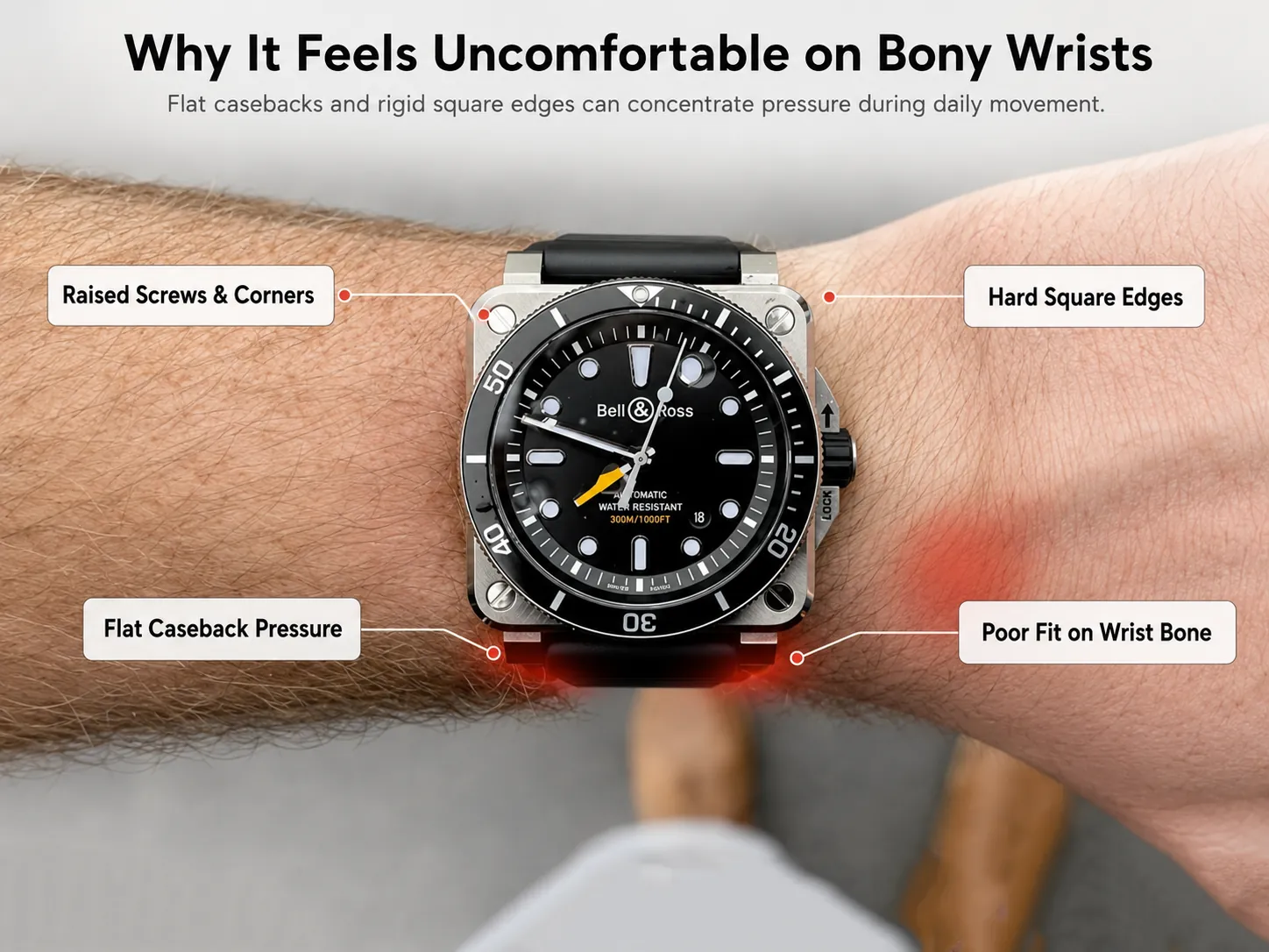 Annotated diagram explaining discomfort of Bell & Ross BR03 replica on bony wrists. Classic BR 03 adopts flat caseback, stiff square edges and protruding corner screws. While the rigid structure delivers a robust premium feel for fleshy wrists, it concentrates pressure on bony protrusions without even weight distribution. Wrist bending during typing, driving and daily activities causes continuous friction between hard square edges and wrist bones, resulting in red marks, long-term soreness and unstable tilting. Open lugs easily catch on bone bumps, making the watch wobble even with properly adjusted strap length.
