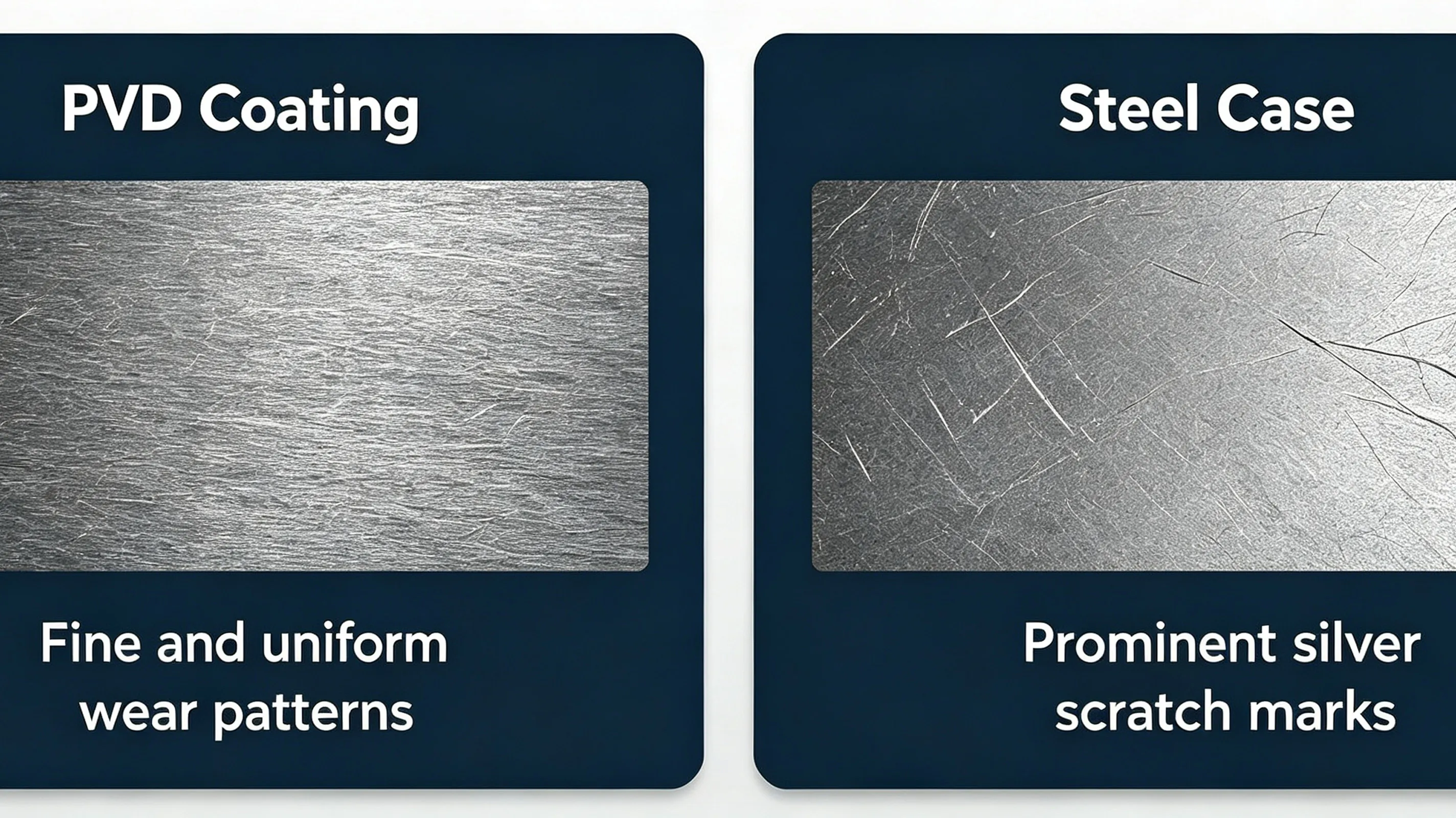 Comparison chart showing wear difference between PVD coating and bare steel watch surfaces. PVD plating delivers outstanding scratch resistance to block minor daily friction, yet sharp hard items like blades and stones can still create tiny micro-scratches. High-contact areas of Bell & Ross replicas including case corners, bezels and bracelet links will generate faint uniform abrasion after long-term heavy wear, which belongs to normal physical wear instead of coating peeling or discoloration. Different from bare steel covered with glaring messy silver scratches, PVD wear stays delicate and evenly distributed to preserve the watch’s high-end look. This outer protective PVD layer will not interfere with the replica’s internal movement, waterproof seals or daily functional performance.