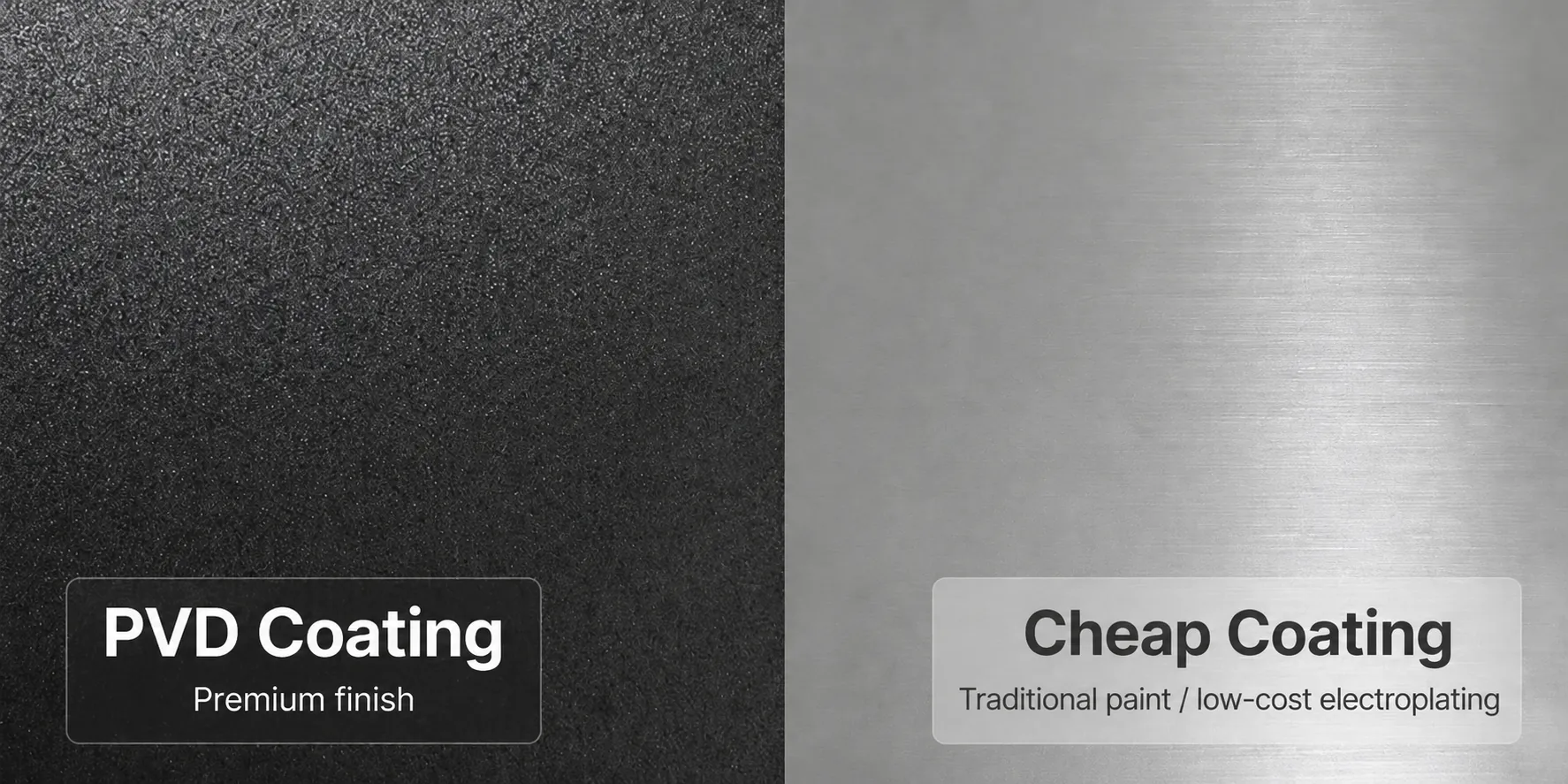 Direct visual comparison between authentic premium PVD coating and low-cost traditional plating/paint finishes for watch cases. Professional PVD vacuum technology vaporizes hard metal alloys and bonds them into 316L steel at a molecular level, forming an ultra-durable thin integrated layer resistant to peeling, bubbling or flaking during daily wear. Budget spray paint and basic electroplating only sit loosely on the metal surface with weak adhesion; sweat, sunlight, minor abrasion and daily cosmetics rapidly degrade the coating, leading to patchy fading, exposed raw steel and irreversible tarnish over time.