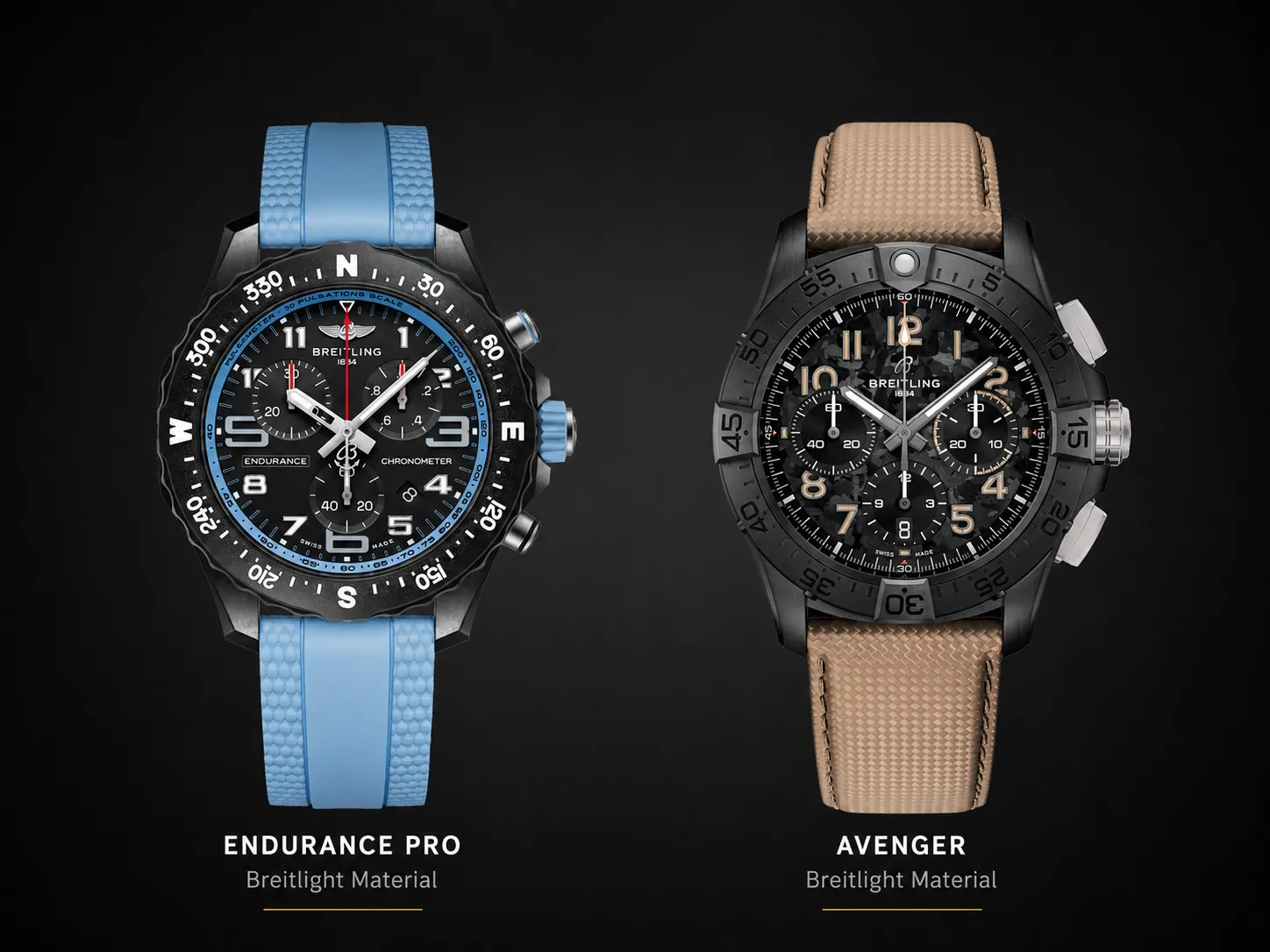 Dual watch studio layout comparing two flagship Breitlight-equipped Breitling sport replica lines: Endurance Pro (light blue rubber strap) and Avenger tactical chronograph (tan textured strap). Premium replica manufacturers exclusively deploy replicated Breitlight composite material for Breitling’s performance-focused professional watch families. The Endurance Pro line is the brand’s iconic Breitlight staple, engineered for ultra-light athletic and IRONMAN endurance sports wear. Avenger sport editions deliver lightweight tactical functionality built for outdoor activity and military-inspired daily styling. Additional limited-run modern sport chronographs also adopt this high-tech composite to prioritize athletic comfort over heavy metal cases. Top-tier super clones precisely mirror the genuine matte black Breitlight hue, surface grain texture and exact weight density, resulting in near-identical visual and tactile characteristics compared to factory original timepieces.