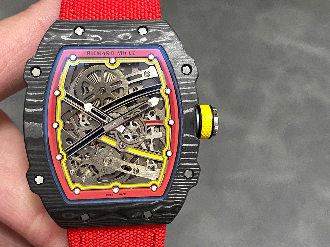 Richard Mille RM67 Series RM67-02 Black Carbon Fiber Skeleton Watch Red Strap Yellow Crown Front Detail Close-up View Ultra Thin Luxury Watch