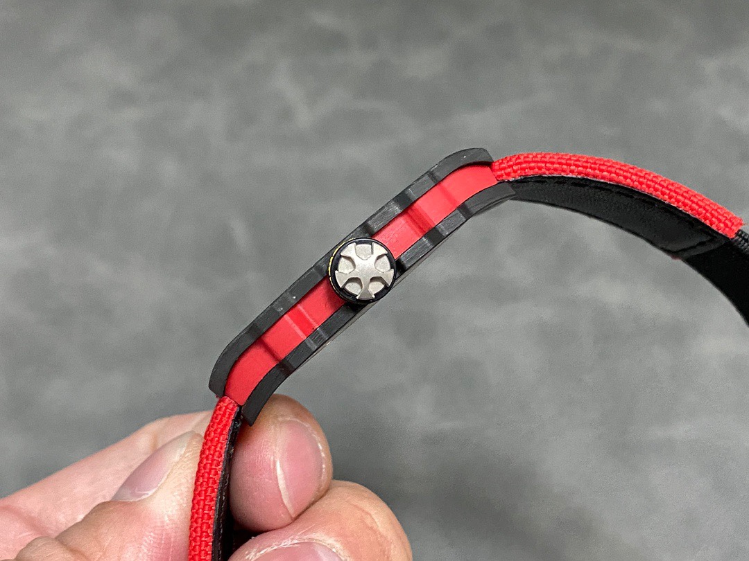 Richard Mille RM67 Series RM67-02 Black Carbon Fiber Skeleton Watch Red Mid Case Red Strap Side Profile Thin Case View Ultra Thin Luxury Watch
