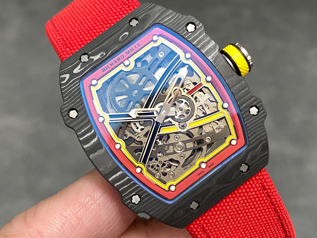 Richard Mille RM67 Series RM67-02 Black Carbon Fiber Skeleton Watch Red Strap Yellow Crown Front Angle Detail View Ultra Thin Luxury Watch