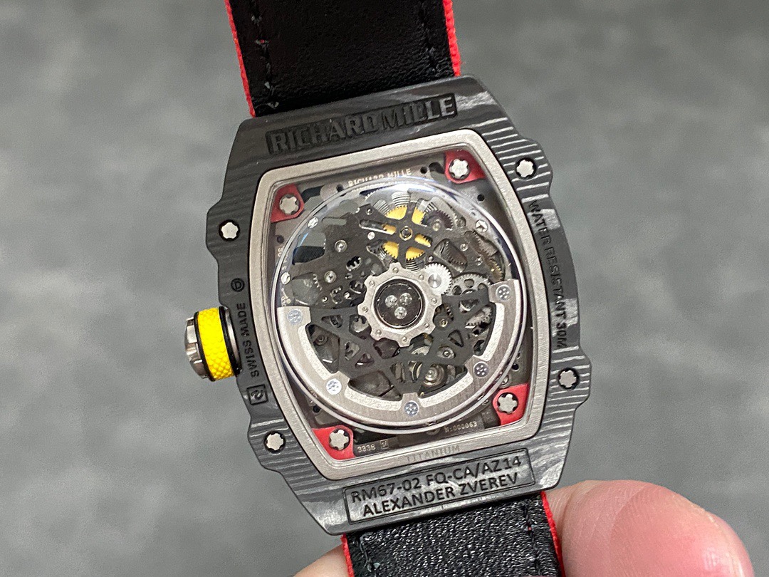 Richard Mille RM67 Series RM67-02 Black Carbon Fiber Skeleton Watch Red Detail Yellow Crown Caseback Movement View Ultra Thin Luxury Watch