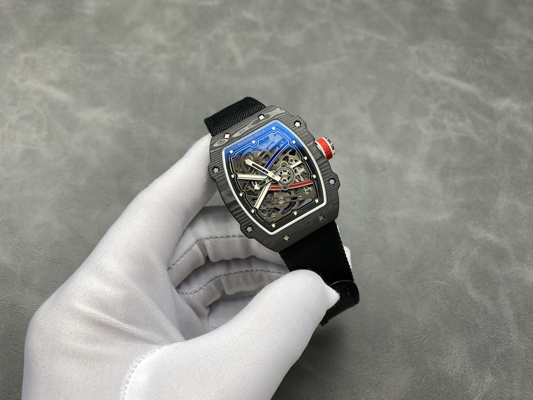 Richard Mille RM67-02 V4 47mm Black Carbon Fiber Black Skeleton Dial Blue Sapphire Front View Hand Held