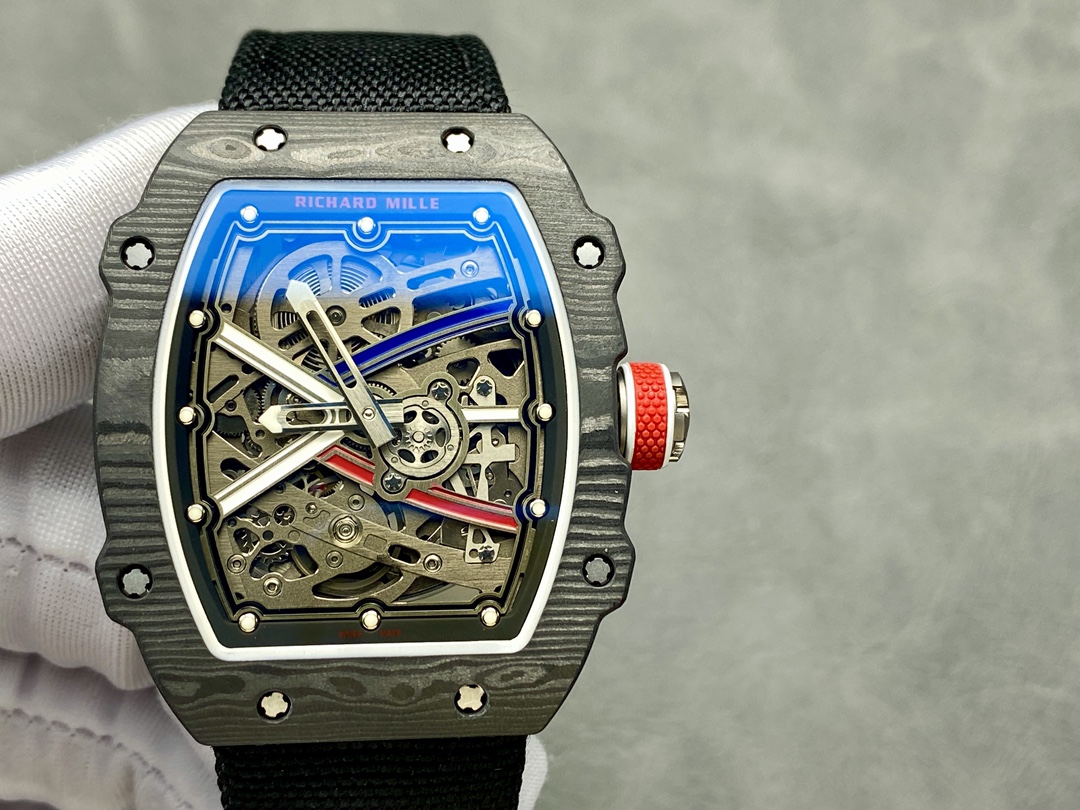 Richard Mille RM67-02 V4 47mm Black Carbon Fiber Black Skeleton Dial Blue Sapphire Detail View