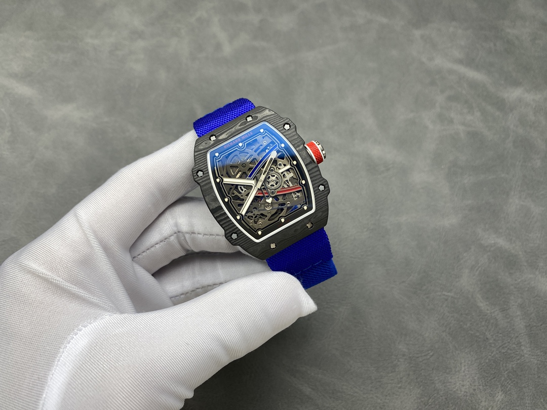 Richard Mille RM67-02 V4 Black Carbon Case Skeleton Dial Blue Strap Front View Hand Held