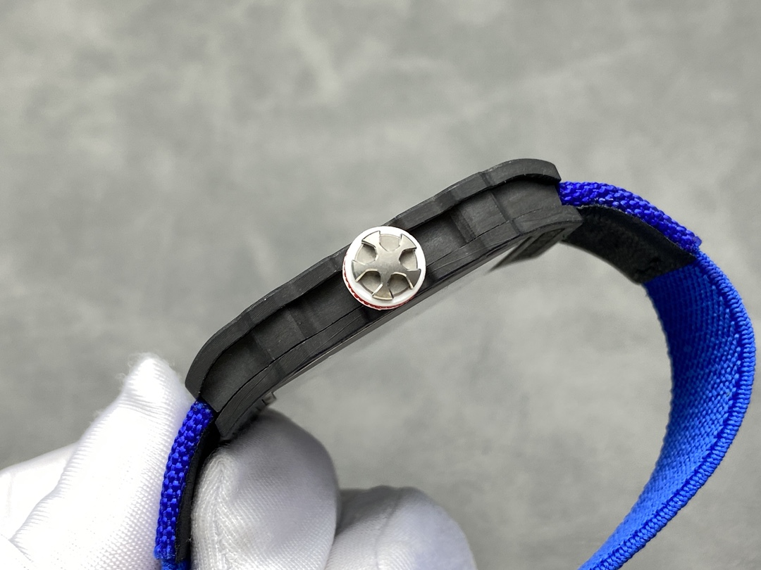 Richard Mille RM67-02 V4 Black Carbon Case Blue Strap Crown Detail View