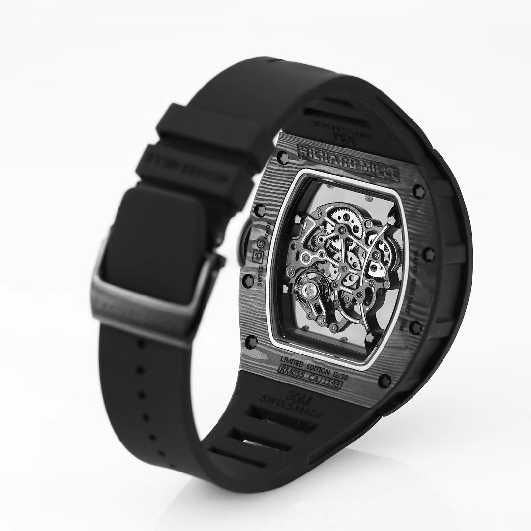 Richard Mille RM055 Black NTPT Carbon Skeleton Movement Black Rubber Strap Angled Detail View