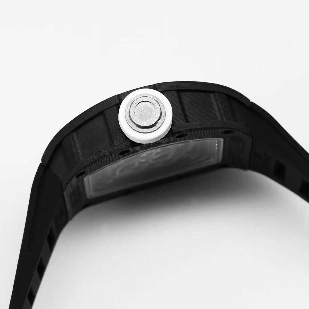 Richard Mille RM055 Black NTPT Carbon White Crown Black Rubber Strap Crown Detail View