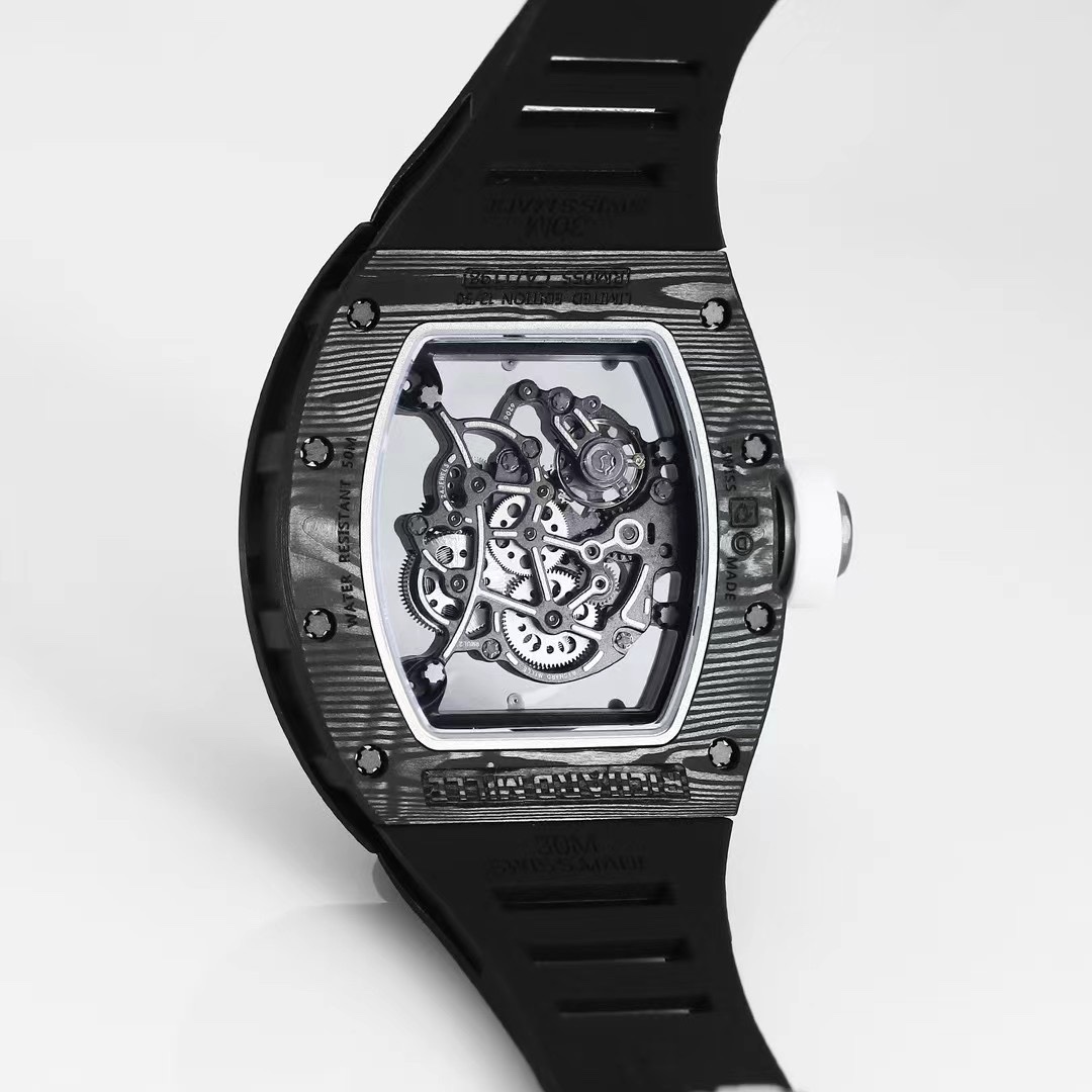 Richard Mille RM055 Black NTPT Carbon Skeleton Movement Exhibition Caseback Black Rubber Strap Detail View