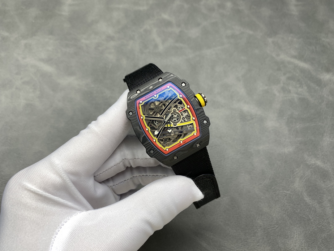Richard Mille RM67-02 Carbon Fiber Multicolor Skeleton Handheld Detail View Luxury Watch